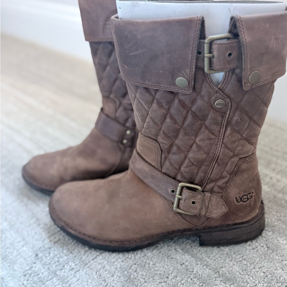 UGG Tan Quilted Leather Boots with Buckles